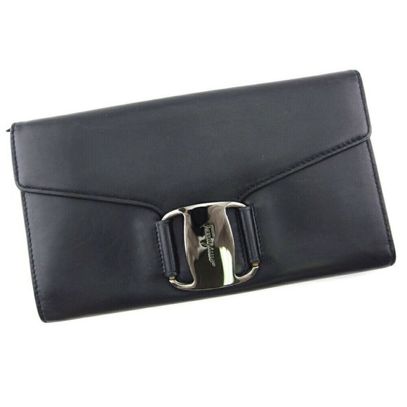 Salvatore Ferragamo Long Wallet Vara Leather Auth Used G1605